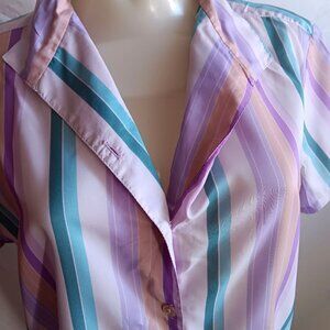 Women's large Vintage 70's Striped Button-Up Blouse Pastel Purple/Teal Stripes